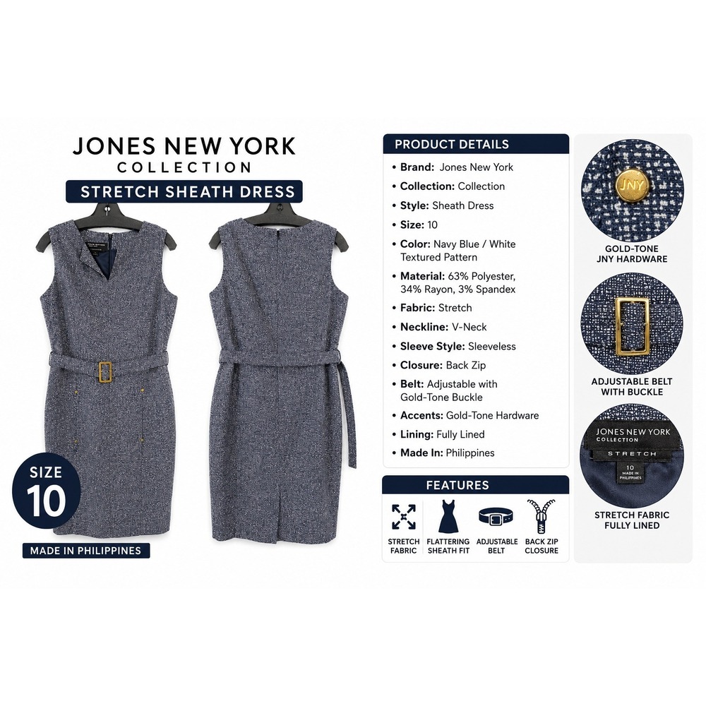 Jones New York Collection Navy Blue Tweed Stretch Sheath‎ Dress Belted Size 10